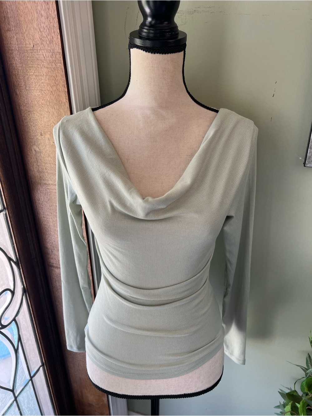 Daisy Sage Green Ribbed Cowl Neck Long-Sleeve Top